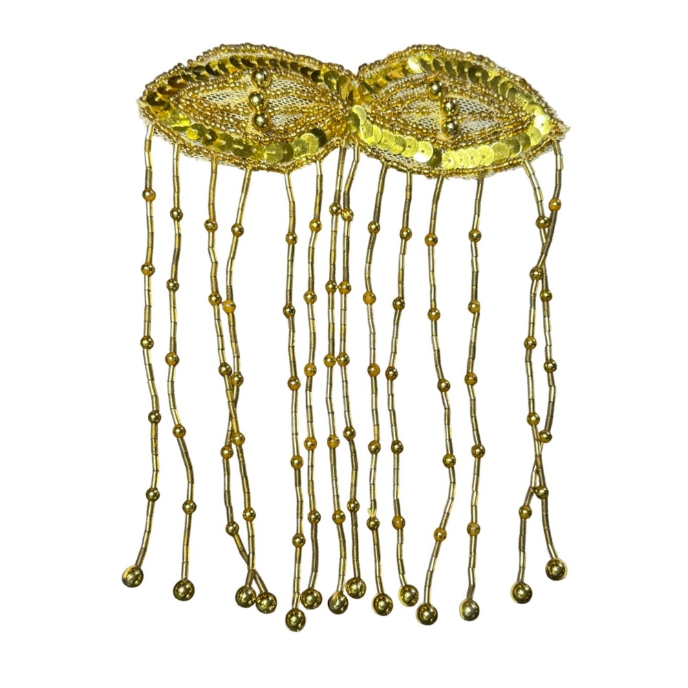 Gold Sequin Applique Pair Beaded Fringe Embellishment‎ Costume Design
